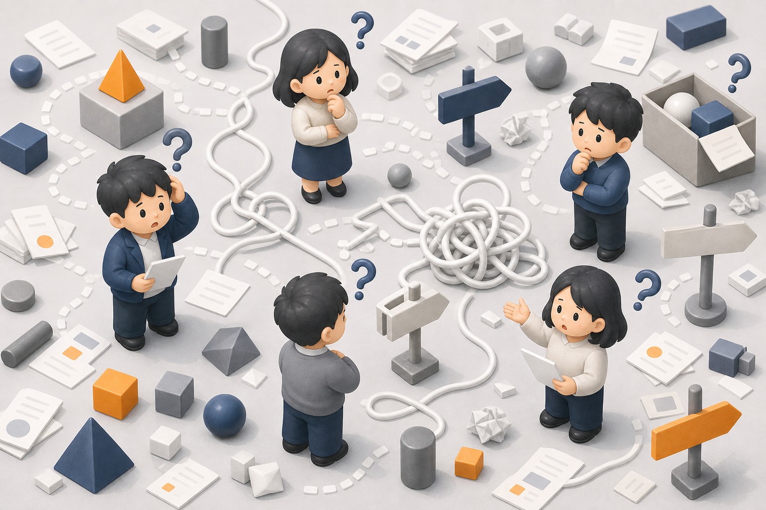 散らかった物の中で困っている人々のイラスト